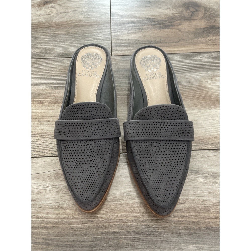 Vince Camuto Women’s Gray Perforated Leather Mule Loafers Slip On Shoes Size 7.5